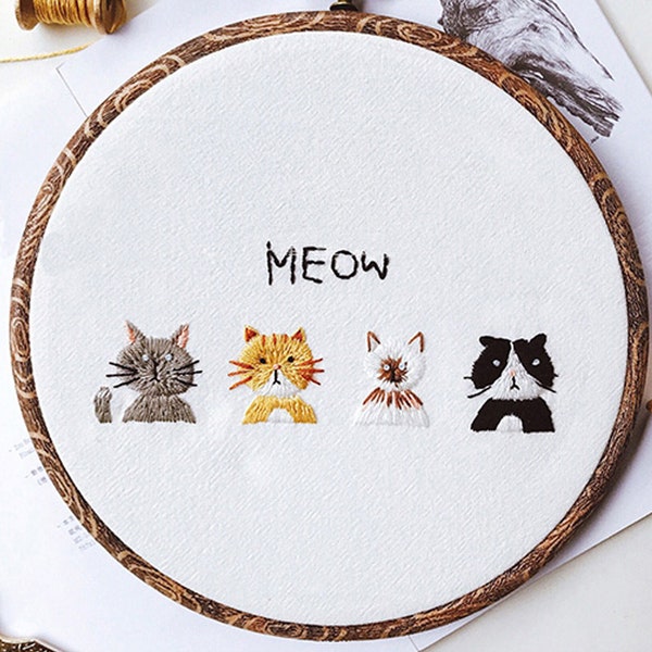 Cat Hand Embroidery Kit For Beginner|Embroidery Kit Cat|Modern Embroidery Kit|Embroidery Pattern|DIY Cat Embroidery Hoop Wall Art Kit