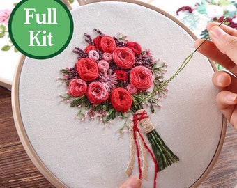 Hand Embroidery Full Kit Modern Flower-beginner embroidery kit-embroidery hoop art-floral embroidery personalized gifts for women