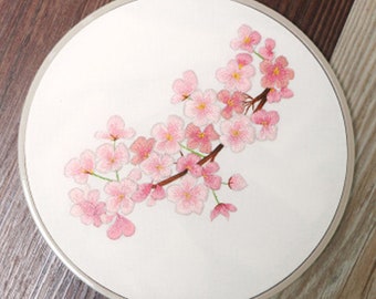 Diy Craft kit,Beginner embroidery kit,Cherry blossom Embroidery pattern,Hoop Art Hand Embroidery Art,Modern Embroidery DIY Kit,Gifts for her