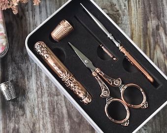 5 PCS Victorian Sewing Tool Set with Scissor Thimble, Vintage Needlework Kit,Sewing Case, Antique Embroidery Scissor, Gift for Sewing Lovers