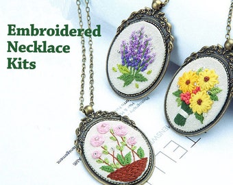 Embroidery Kit Handmade embroidered necklace-mini embroidery kit-embroidered jewelery-Gift for her-Embroidery necklace Set Of Three