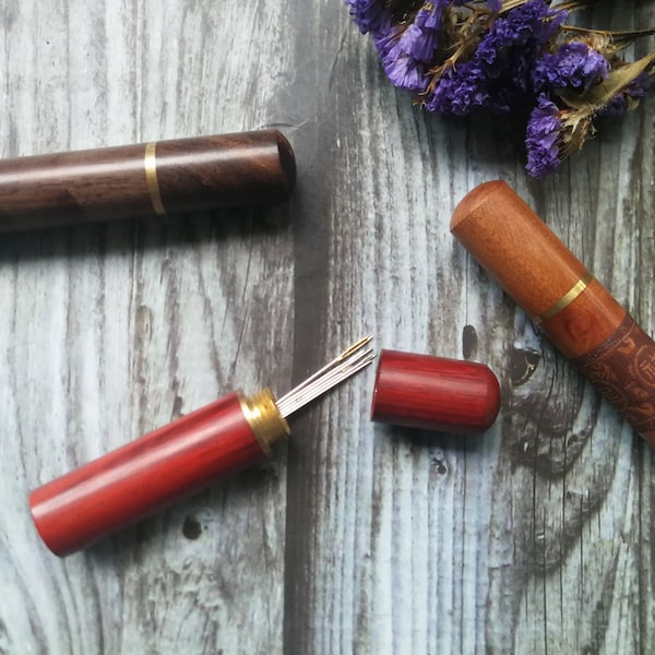 Wooden needle case for stitching needles. Ideal for sewing, cross stitch and embroidery. Needle holde,Dark wood, teak, red wood needle case