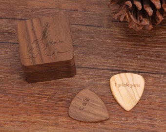 Personalized Wooden Guitar Picks with Case, Musicians Plectrum Box, Custom Guitar Pick Holder, Father's Day,Christmas Gift For Guitar Player