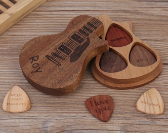 Personalisierte Gitarren-Picks aus Holz mit Koffer, individuelles Gitarren-Pick-Set, Halterbox für Plektren, Musiker-Spieler, Gravur-Pick-Etui-Geschenk für ihn