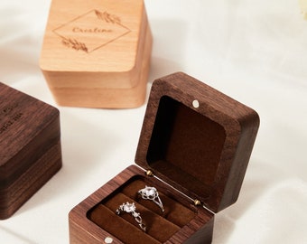 Personalized Engraved Engagement Ring Box, Square Ring Bearer,Anniversary, Proposal Ring Box Holder, Custom Wooden Wedding Ceremony Ring Box
