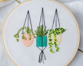 Diy craft kit|Beginner Embroidery Kit |Modern Floral Plant Hand Embroidery Kit |Plant green Embroidery Hoop Wall Art Kit|diy kit for adults