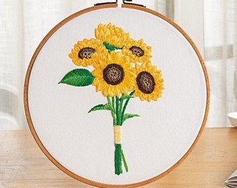 Floral Beginner Embroidery Kit - Modern Flower Plant Hand Embroidery Full Kit - DIY Floral Needlepoint Hoop Wall Art Kit
