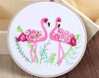 Embroidery Kit Full kit,Flamingo Embroidery Pattern,Hand Embroidery kit,DIY Embroidery kit,Diy Kit adult kids gift for her - English Guide