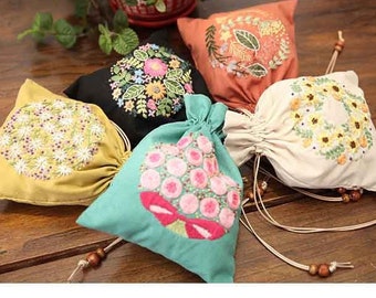 Hand Embroidery Drawstring Bag, Modern Floral Plant Child's Bag, Flower Beginner Embroidery Kit Drawstring Backpack,DIY Kid's Drawstring Bag