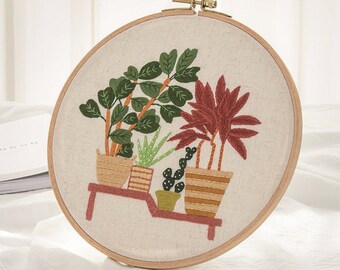 Embroidery Kit Beginner |Diy craft kit|Modern Floral Plant Hand Embroidery Full Kit |Plant Aureus Embroidery Hoop Wall Art Kit|Gifts for her