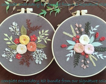 Pick full embroidery kit bundle from our signature collection,Modern Flower Pattern,Embroidery diy kit ,Embroidery Hoop Plants,Diy Craft Kit