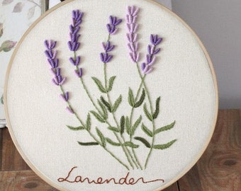 Hand borduurwerk Full Kit - DIY Handwork Kit - Modern Lavendel bloemenpatroon - DIY Bloem Borduurwerk Hoop Wall Art Kit-Engels Gids