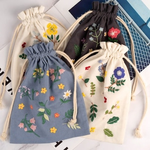 Kit de broderie florale débutant Sac à dos à cordon de serrage, Sac à cordon de broderie à la main, Sac à cordon de serrage pour enfants DIY, Sac pour enfant à la plante de fleur moderne
