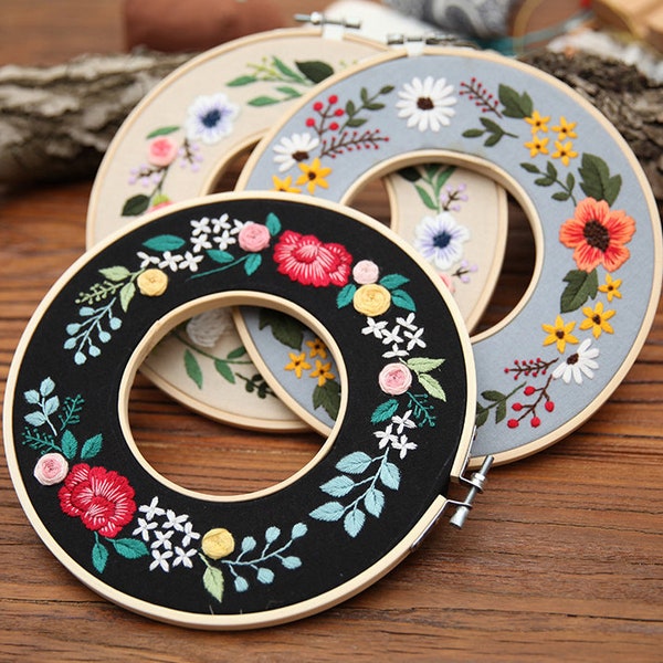Diy floral wreath kit,Double hoop embroidery pattern,Embroidery needlework design,Diy contemporary embroidery , Fall decor,Housewarming gift