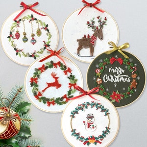 DIY Craft kit -Embroidery Full Kit -Merry Christmas Snowman-Christmas Gift Decoration -DIY Floral Needlepoint Hoop Wall Art Kit-Gift for her