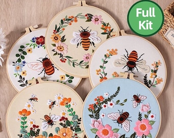 DIY Bee Embroidery Kit beginner, Floral Embroidery kit, Modern embroidery kit cross stitch, Hand Embroidery Kit, Needlepoint, Diy Craft Kit