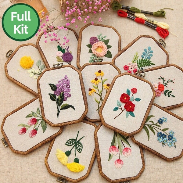 Kit de broderie florale, kit de broderie pour débutant, kit complet de broderie à la main de fleurs et de plantes modernes, kit d'art mural pour cerceau à l'aiguille florale