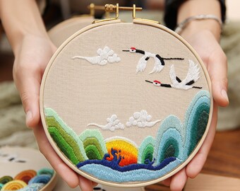 Diy Embroidery kit beginner|White crane Embroidery Full kit|Diy embroidery start up|diy Craft kit adult|fall decor|Craft Kit for Home Decor
