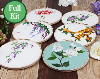 embroidery kits crewel embroidery kit lady- Modern Flower Pattern Hand Embroidery Full Kit - DIY Needlepoint Hoop Wall Art Kit - DIY Gift