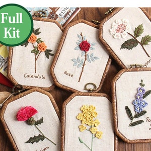 Beginner Embroidery Kit - Modern Flower and Plant Hand Embroidery Full Kit - DIY 3 Dimensional Floral Embroidery Hoop Wall Art Kit