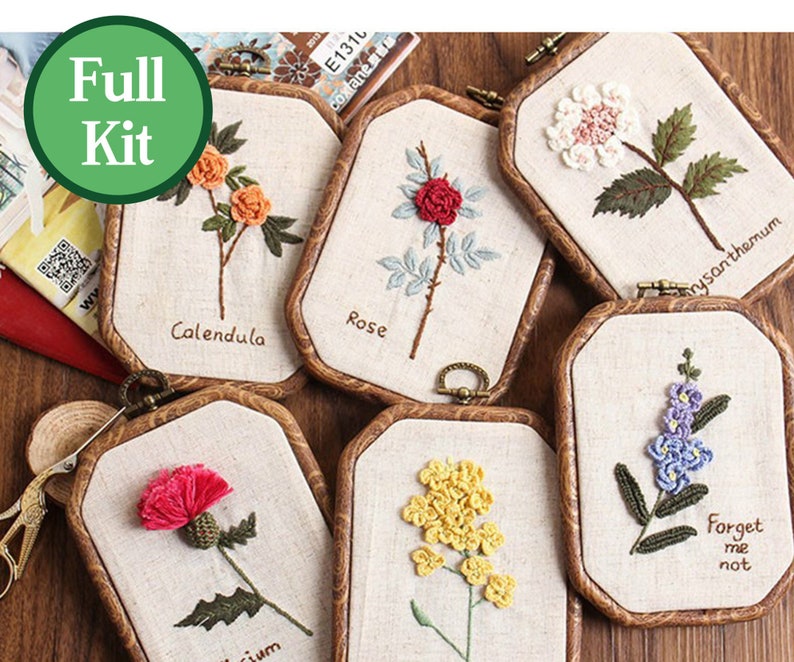 Beginner Embroidery Kit Modern Flower and Plant Hand Embroidery Full Kit DIY 3 Dimensional Floral Embroidery Hoop Wall Art Kit image 1