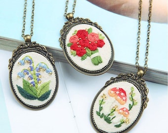 Embroidery Kit Handmade embroidered necklace-Floral necklace-embroidered jewelery-Gift for her-Embroidery necklace Set Of Three