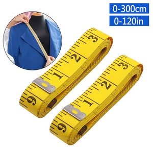 May include: Two yellow measuring tapes with metal ends. The tapes are marked in inches and centimeters. The tape on the left reads 0-120in and the tape on the right reads 0-300cm.