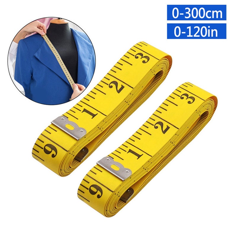 May include: Two yellow measuring tapes with metal ends. The tapes are marked in inches and centimeters. The tape on the left reads 0-120in and the tape on the right reads 0-300cm.