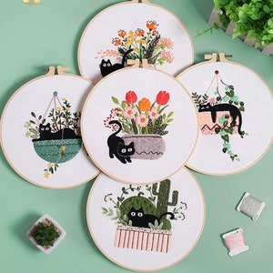 初心者向け猫刺繍キット | パターン付きモダンクルーエル刺繍キット | 花柄刺繍フルキット ニードルポイントフープ | DIY クラフトキット