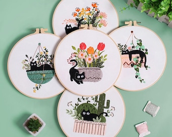 Cat Embroidery Kit For Beginner | Modern Crewel Embroidery Kit with Pattern | Floral Embroidery Full Kit Needlepoint Hoop | DIY Craft Kit