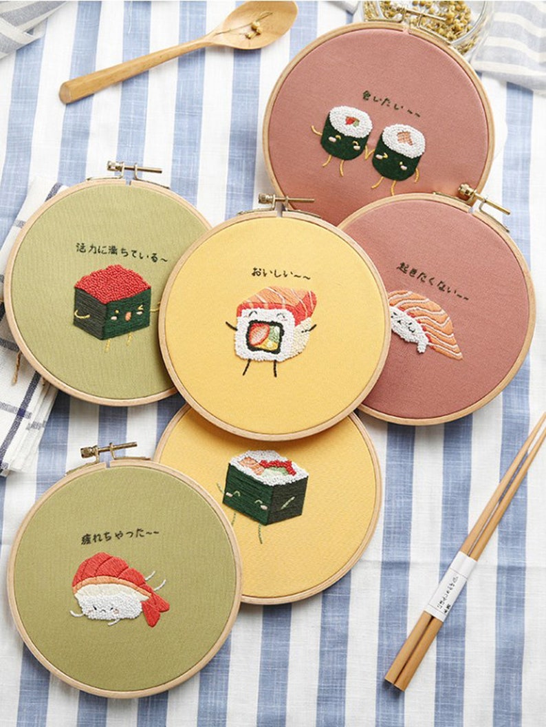 Beginner Embroidery Kit-DIY Craft Kit Sushi Pattern-Hand Embroidery Full Kit-Embroidery Hoop Wall Art Kit-DIY Food Needlework GiftHoop art image 3