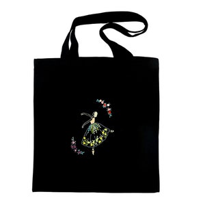 May include: Black tote bag with a white embroidered ballerina in a yellow and green dress surrounded by a circle of colorful flowers.