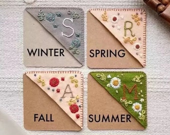 Personalized Hand Embroidered Corner Bookmark -Book Corner Decoration- 26 Letters and 4 Seasons- Felt Triangle Page Stitched Corner Bookmark