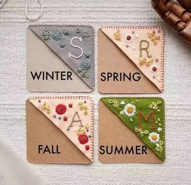 Personalized Hand Embroidered Corner Bookmark 26 Letters and 4 Seasons Book Corner Decoration Felt Triangle Page Stitched Corner Bookmark zdjęcie 2