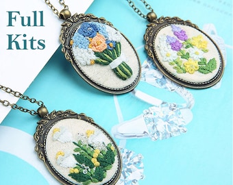 Embroidery Kit Handmade embroidered necklace-mini embroidery kit-embroidered jewelery-Gift for her-Embroidery necklace Set Of Three