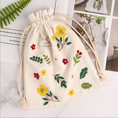 Floral Beginner Embroidery Kit Drawstring Backpack, Hand