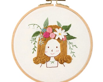 Beginner Hand Embroidery Kit - Modern Flower Girl Pattern - DIY Floral and Friend Embroidery Hoop Wall Art Full Kit