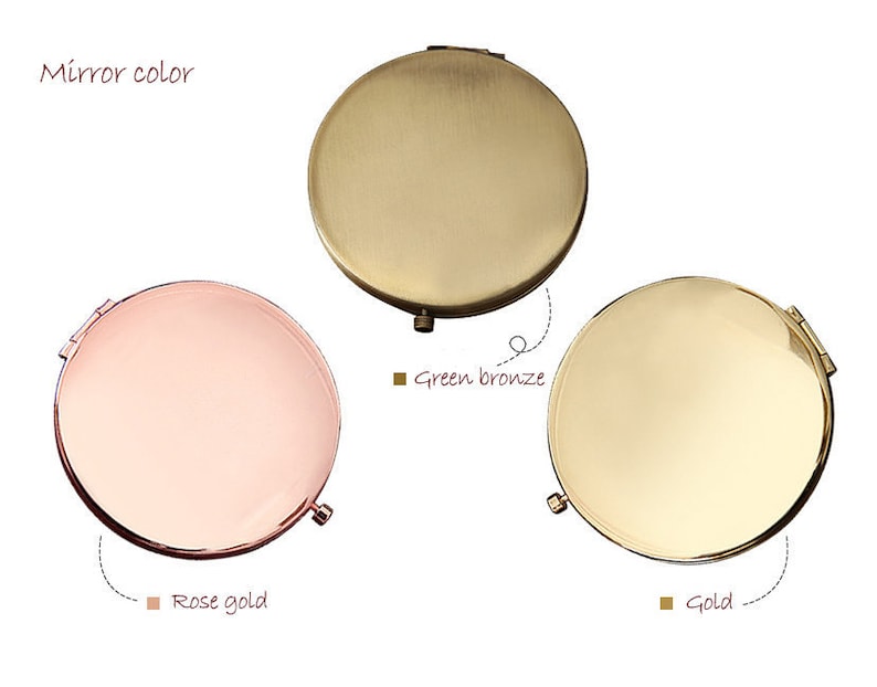May include: Three round compact mirrors with different coloured finishes: rose gold, green bronze, and gold.  Mirror colour is written below each mirror.