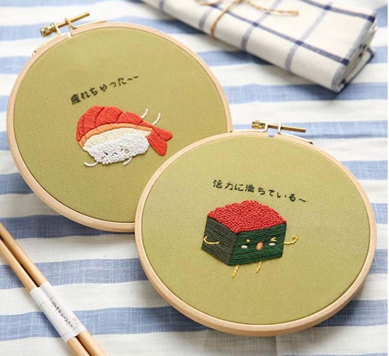 Beginner Embroidery Kit-DIY Craft Kit Sushi Pattern-Hand Embroidery Full Kit-Embroidery Hoop Wall Art Kit-DIY Food Needlework GiftHoop art image 2