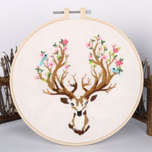 diy kit kids | Modern Embroidery Kit with Pattern|Christmas Gift Decoration Embroidery Full Kit | DIY Craft Kit Floral Antlers|Gift for her