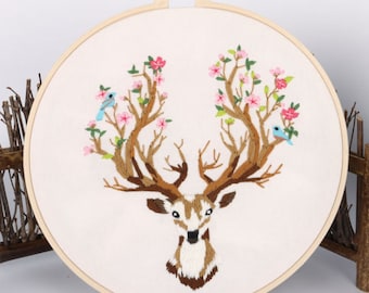 diy kit kids | Modern Embroidery Kit with Pattern|Christmas Gift Decoration Embroidery Full Kit | DIY Craft Kit Floral Antlers|Gift for her