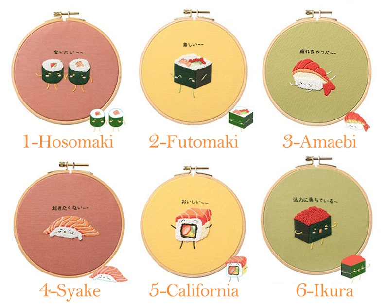 Beginner Embroidery Kit-DIY Craft Kit Sushi Pattern-Hand Embroidery Full Kit-Embroidery Hoop Wall Art Kit-DIY Food Needlework GiftHoop art 1+2+3+4+5+6