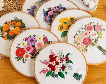 Bloemen Beginner Borduurwerk Kit - Moderne Bloem Plant Hand Borduurwerk Full Kit - DIY Floral Needlepoint Hoop Wall Art Kit