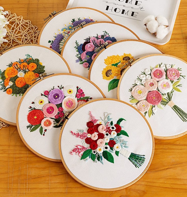 Floral Beginner Embroidery Kit Modern Flower Plant Hand Embroidery Full Kit DIY Floral Needlepoint Hoop Wall Art Kit image 1