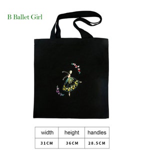 May include: Black tote bag with embroidered ballerina design. The bag features a dancer in a yellow and black dress surrounded by flowers. The bag is 12.2 inches wide, 14.2 inches high, and has 11.2-inch handles. Text on the bag reads "B Ballet Girl".