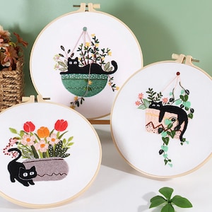 初心者向け猫刺繍キット | 花柄刺繍フルキット ニードルポイントフープ | パターン付きモダンクルーエル刺繍キット | DIY クラフトキット