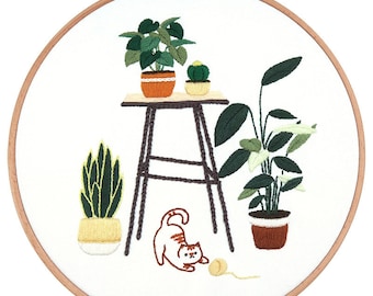 Cat Hand Embroidery Kit For Beginner | Embroidery Kit Cat | Modern Embroidery Kit | Embroidery Pattern| DIY Cat Embroidery Hoop Wall Art Kit