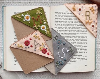 Hand Embroidered Custom Bookmark | Personalized Letter Book Corner | Book Corner Decoration | Hand Stitched Felt Triangle Bookmark