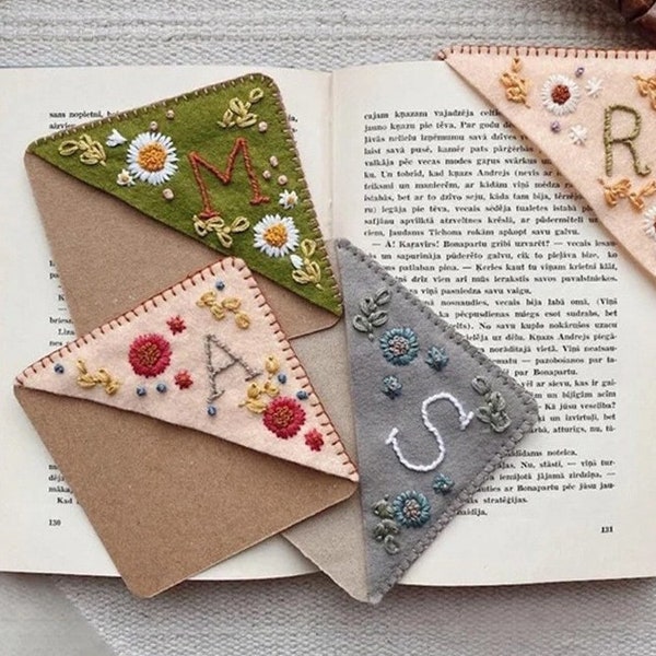 Hand Embroidered Custom Bookmark | Personalized Letter Book Corner | Book Corner Decoration | Hand Stitched Felt Triangle Bookmark