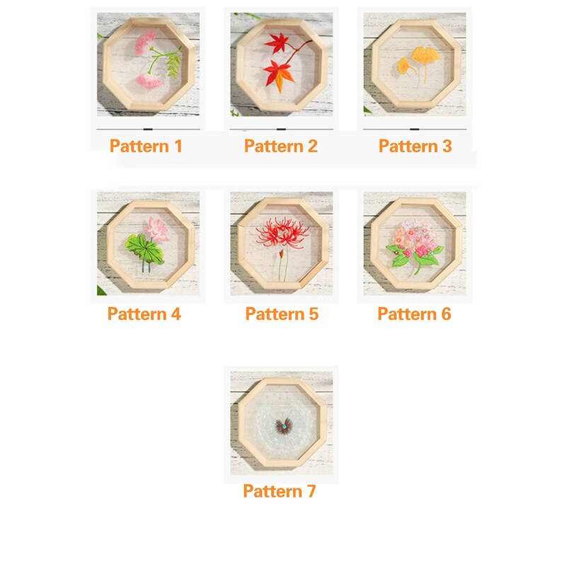 Peut inclure: Sept motifs de broderie dans des cadres octogonaux. Les motifs comprennent des fleurs, des feuilles et des papillons. Les cadres sont en bois et ont une finition naturelle.